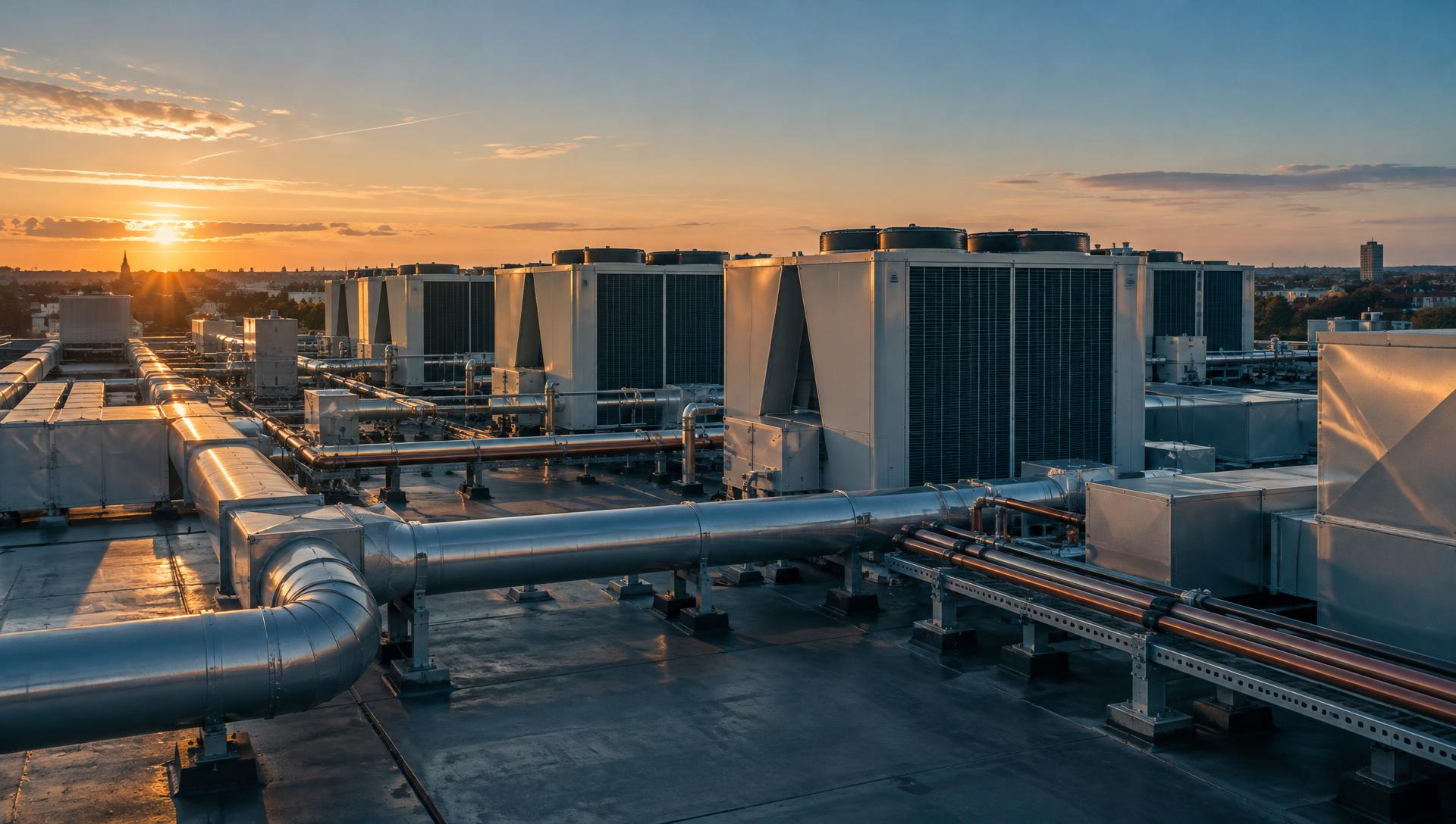 Dak met industriële HVAC-installaties bij zonsondergang